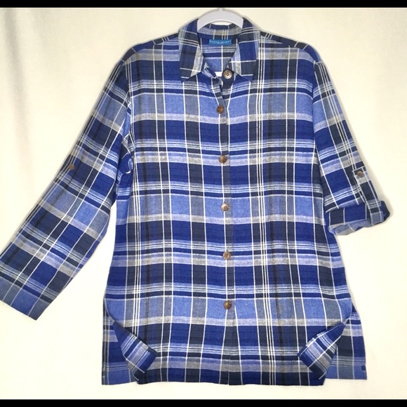 Karen Scott Sport Line Blend Plaid Button Up Top - Picture 1 of 6